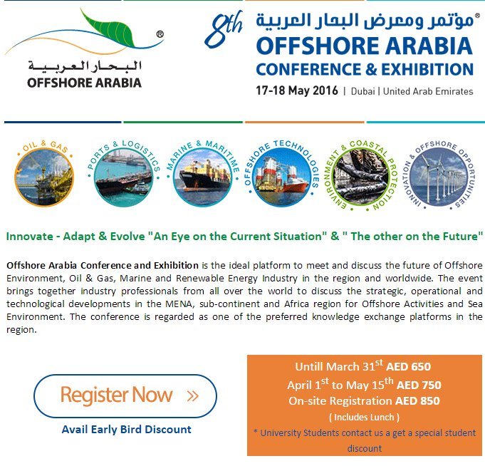 Avail Early Bird Registration Rates for Offshore Arabia Conference.. http:// offshorearabia.ae/registration/ #offshore2016